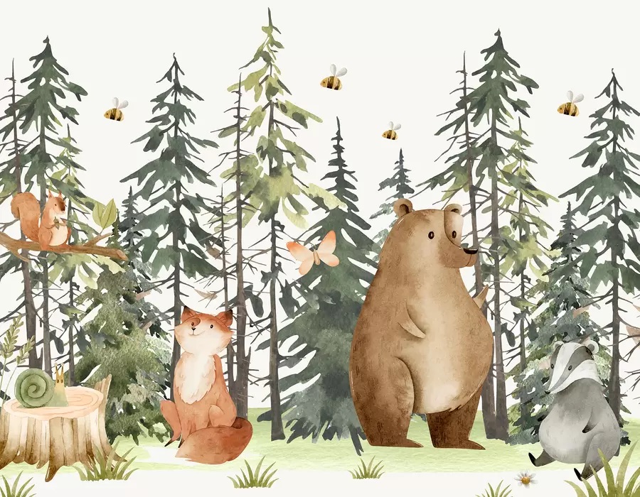 wall murals Шумска сцена са животињама и разним боровима у позадини w00905