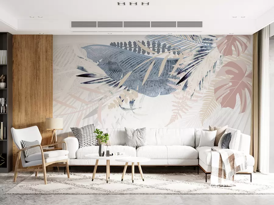 wall murals Модеран ботанички дизајн тропски текстурирани узорак палминог листа са разним нијансама плаве, сиве и розе w00908