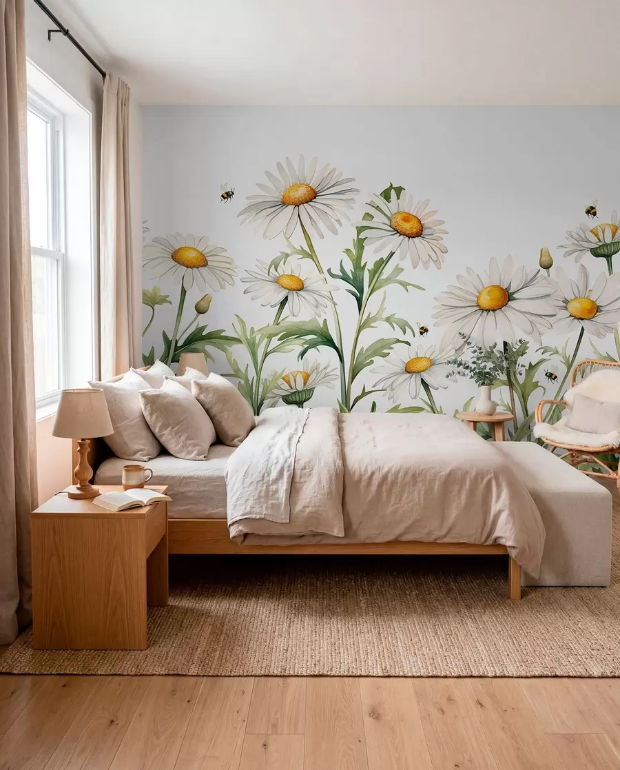 wall murals Беле тратинчице цветају, пчеле лете акварел илустрација биљака, зелена, бела, жута боја w01176