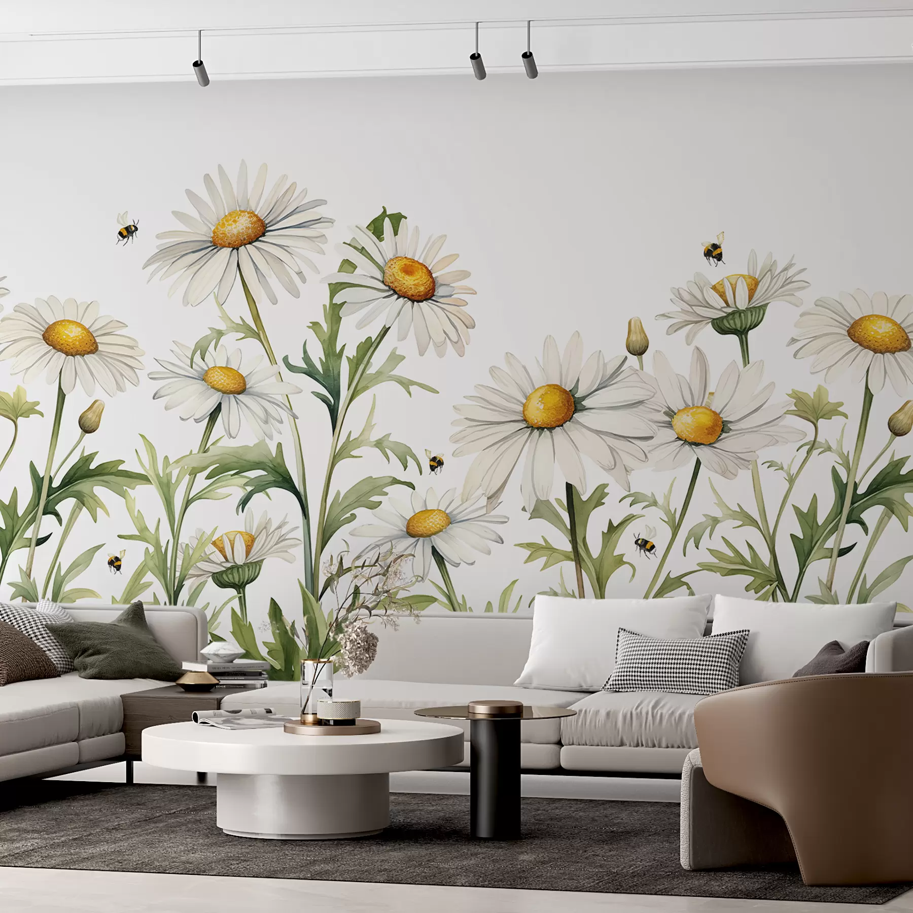 wall murals Беле тратинчице цветају, пчеле лете акварел илустрација биљака, зелена, бела, жута боја w01176