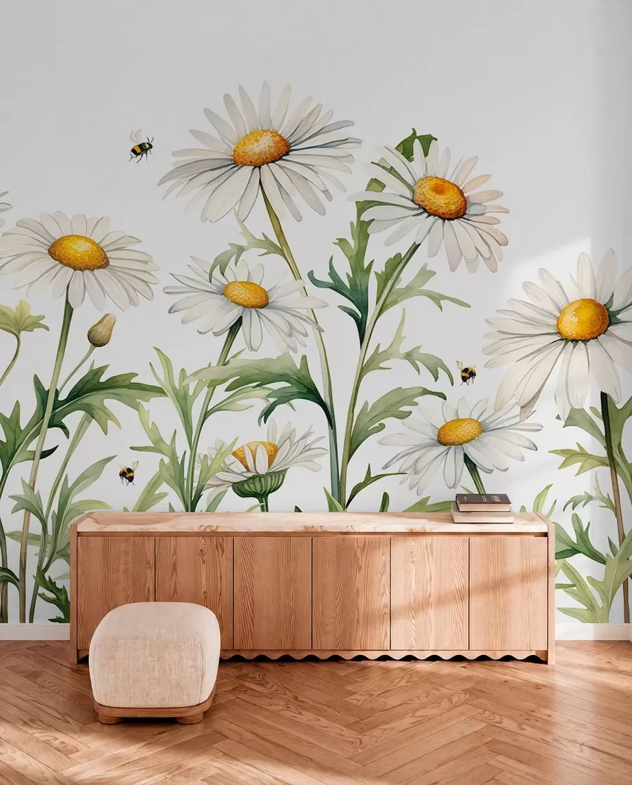 wall murals Беле тратинчице цветају, пчеле лете акварел илустрација биљака, зелена, бела, жута боја w01176