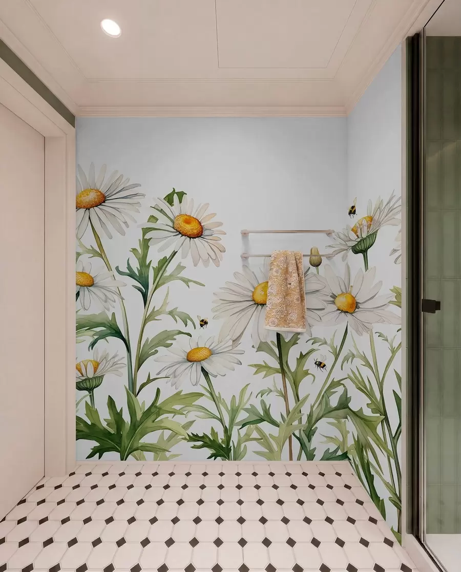 wall murals Беле тратинчице цветају, пчеле лете акварел илустрација биљака, зелена, бела, жута боја w01176