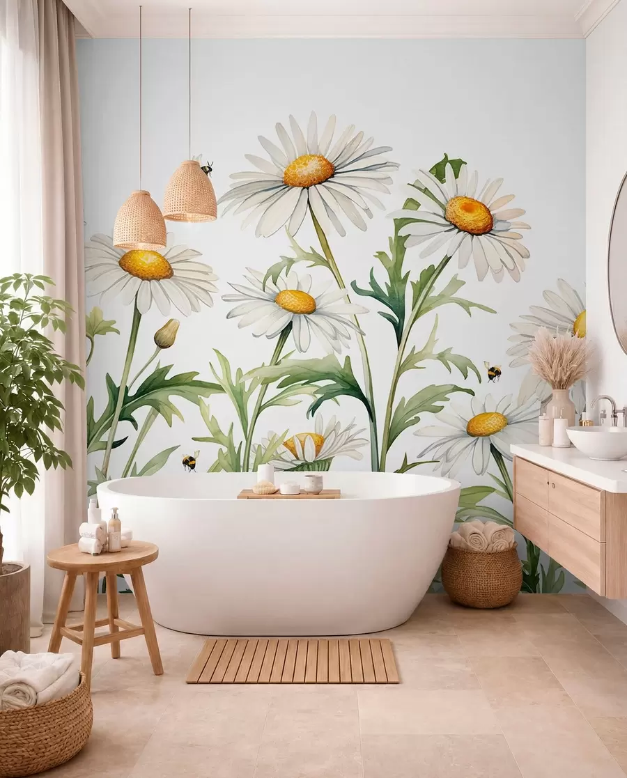 wall murals Беле тратинчице цветају, пчеле лете акварел илустрација биљака, зелена, бела, жута боја w01176