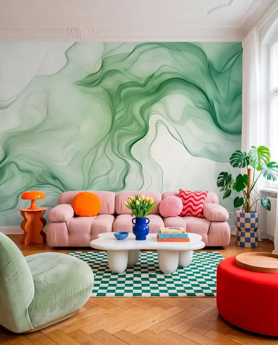 wall murals Панорамски зелени апстрактни таласи на светлој позадини w01185d1