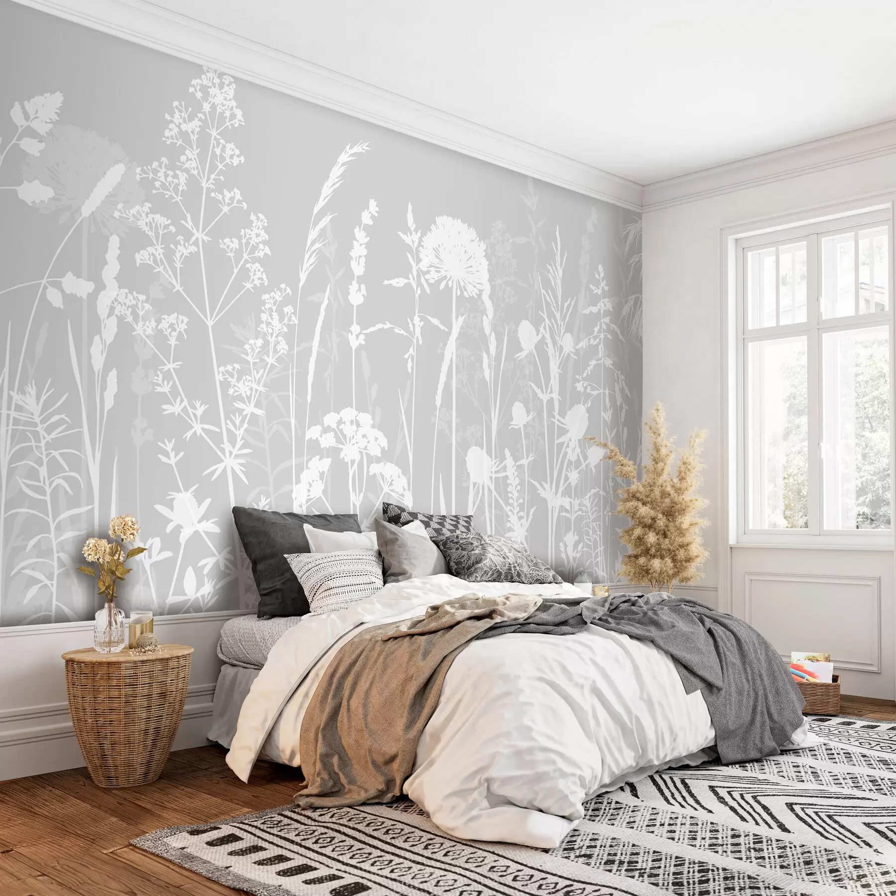 wall murals Нежне пољске биљке и цвеће минимализам сиве боје w01270v1