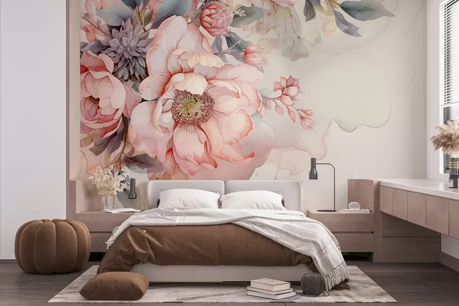wall murals Акварел ружичасти божури са деликатним латицама, окружени бујним пастелним зеленилом и другим цвећем w01245