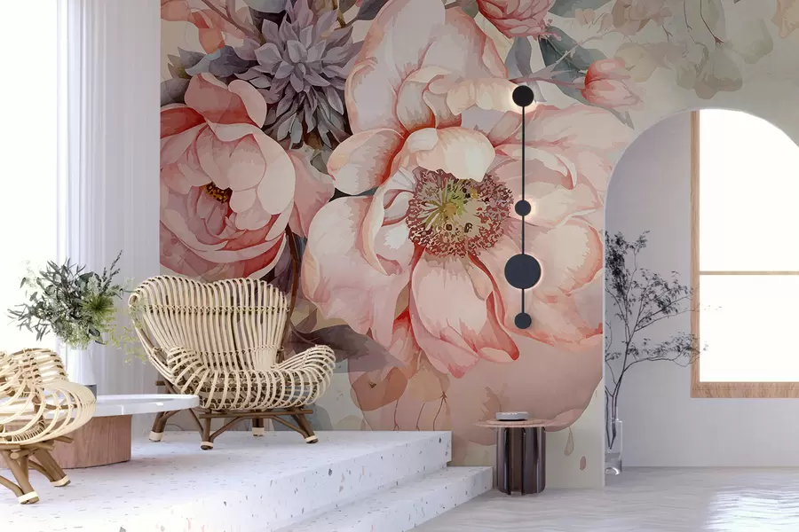 wall murals Акварел ружичасти божури са деликатним латицама, окружени бујним пастелним зеленилом и другим цвећем w01245