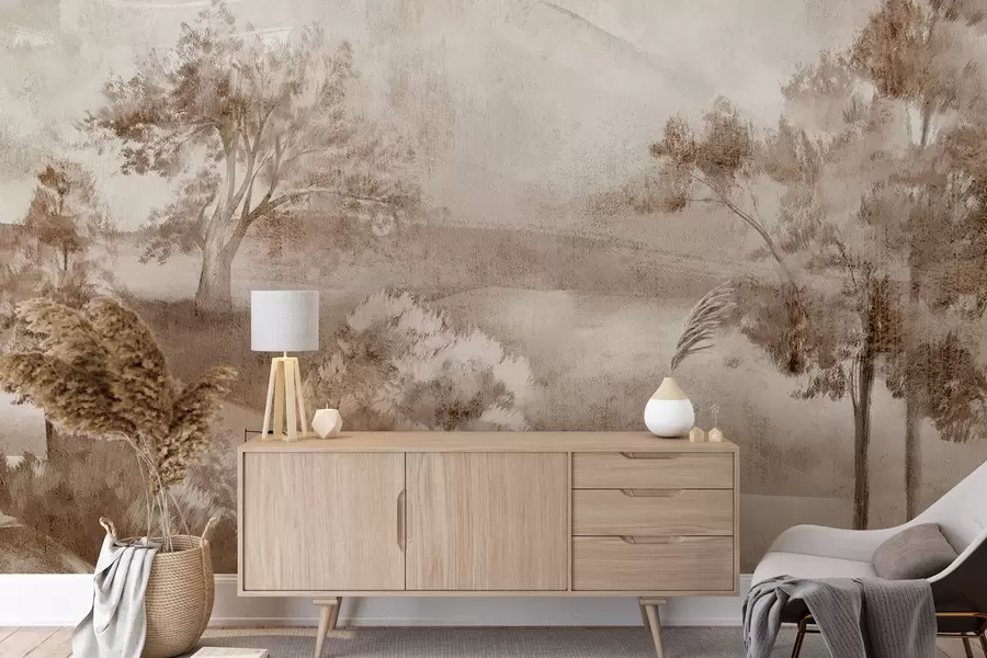 wall murals Пејзажно сликање магловитог сеоског призора окруженог бујним дрвећем и лишћем у нијансама браон w01247