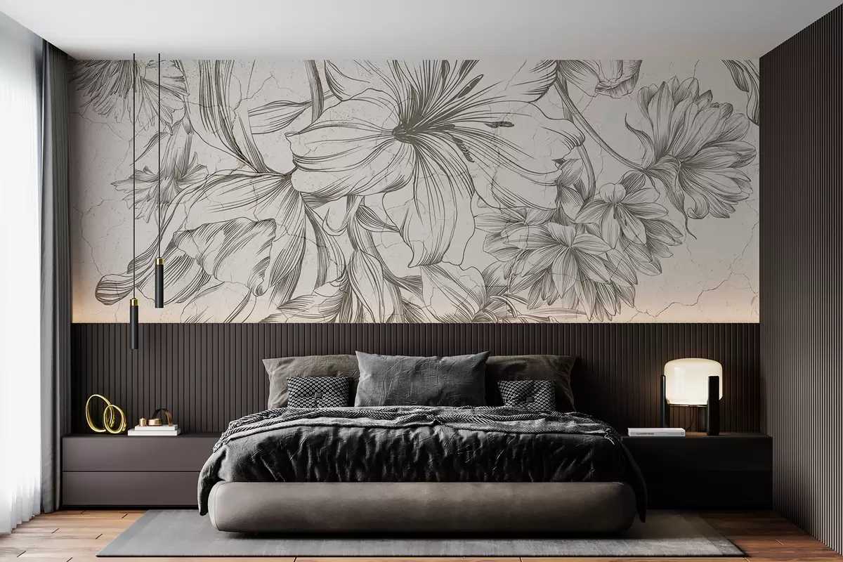 wall murals Црно-бела скица графичког отиска великог цвећа w01253