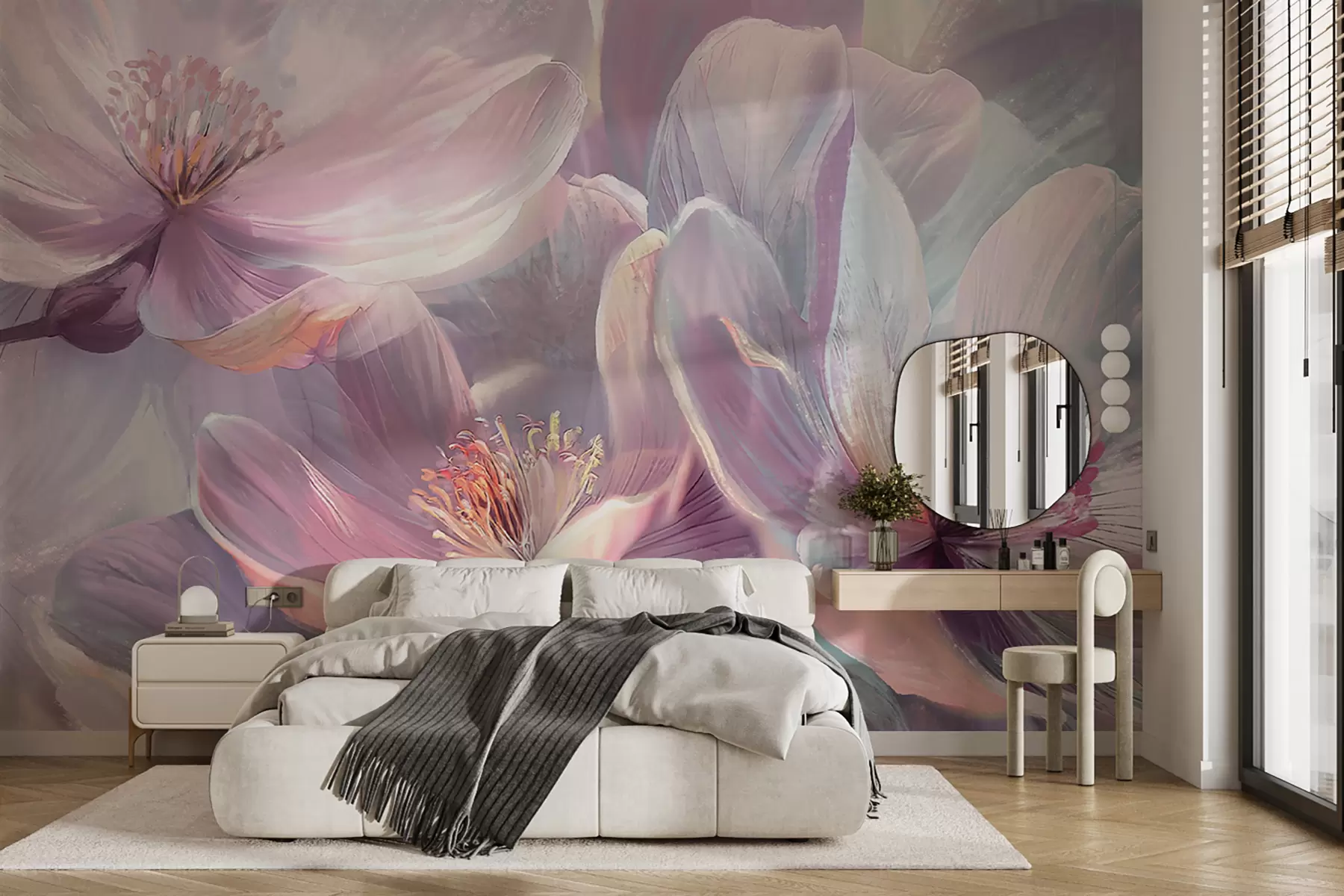 wall murals Деликатно прозирно пастелно неонско светло розе и бело цвеће са меком, замућеном позадином w01307