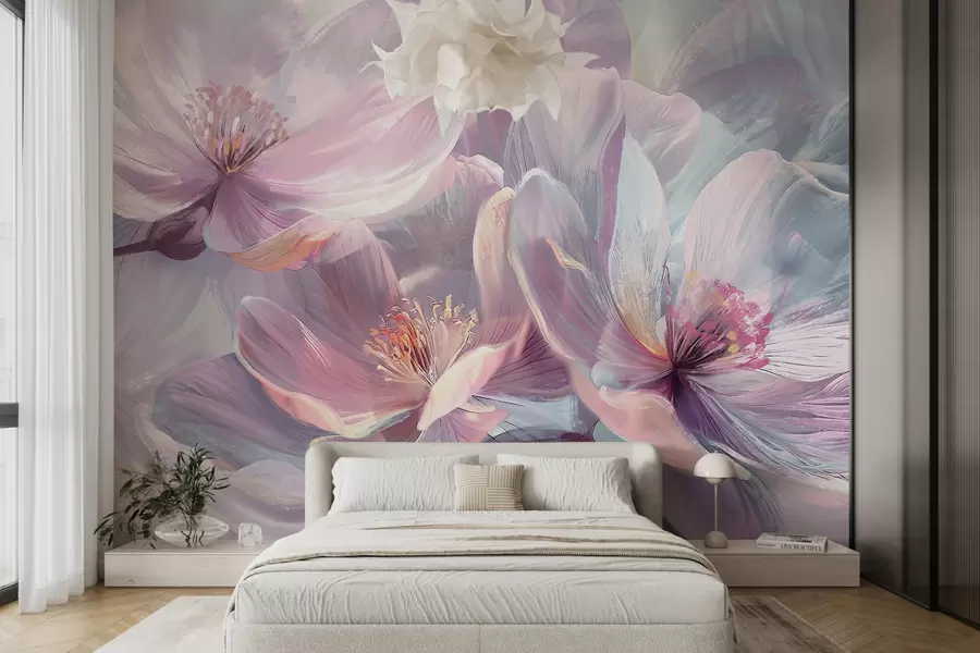 wall murals Деликатно прозирно пастелно неонско светло розе и бело цвеће са меком, замућеном позадином w01307
