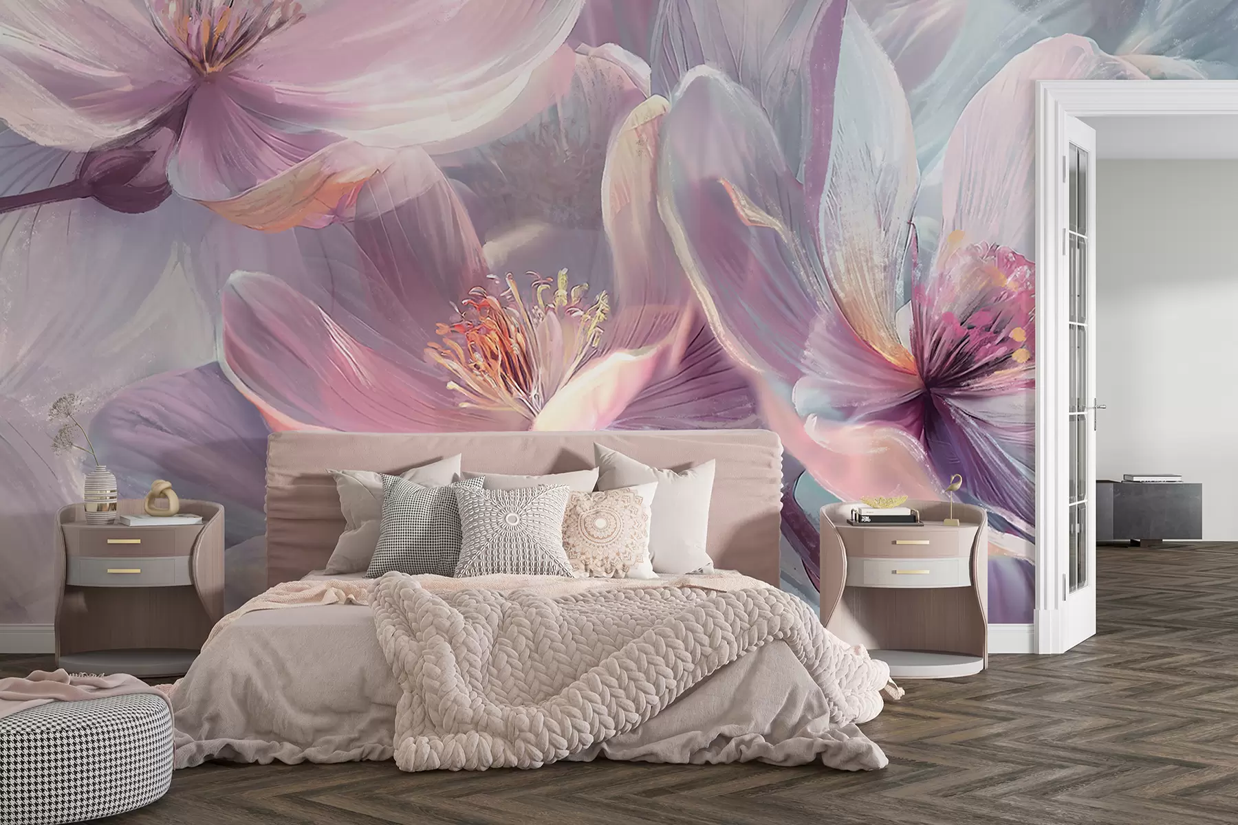 wall murals Деликатно прозирно пастелно неонско светло розе и бело цвеће са меком, замућеном позадином w01307