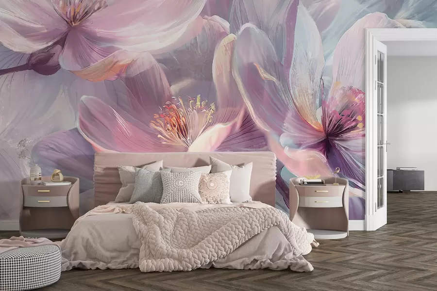 wall murals Деликатно прозирно пастелно неонско светло розе и бело цвеће са меком, замућеном позадином w01307