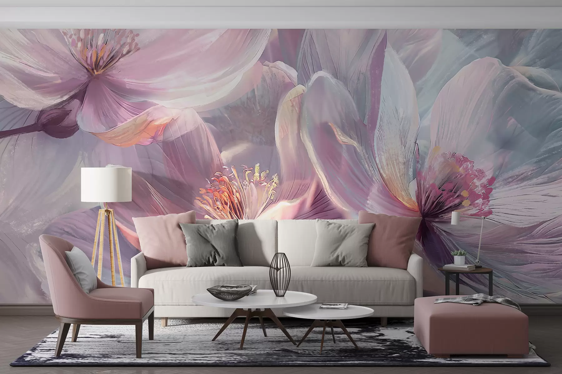 wall murals Деликатно прозирно пастелно неонско светло розе и бело цвеће са меком, замућеном позадином w01307
