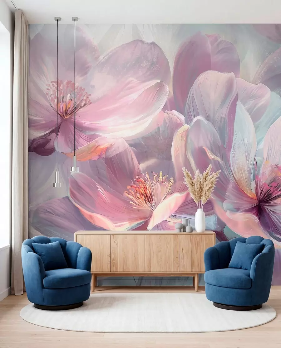 wall murals Деликатно прозирно пастелно неонско светло розе и бело цвеће са меком, замућеном позадином w01307