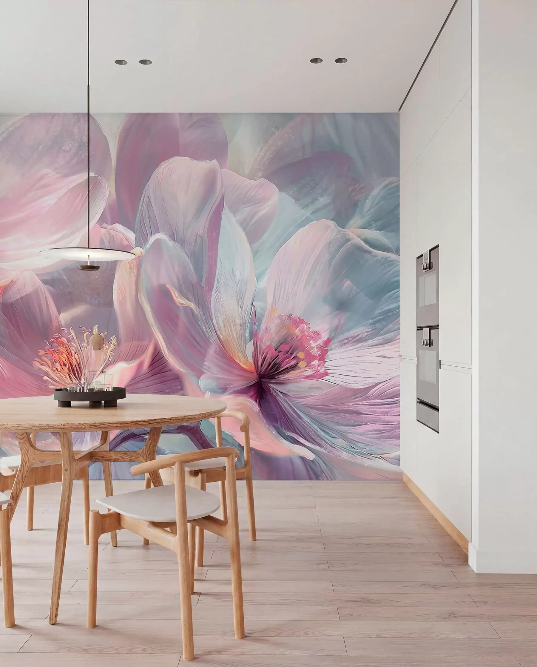 wall murals Деликатно прозирно пастелно неонско светло розе и бело цвеће са меком, замућеном позадином w01307