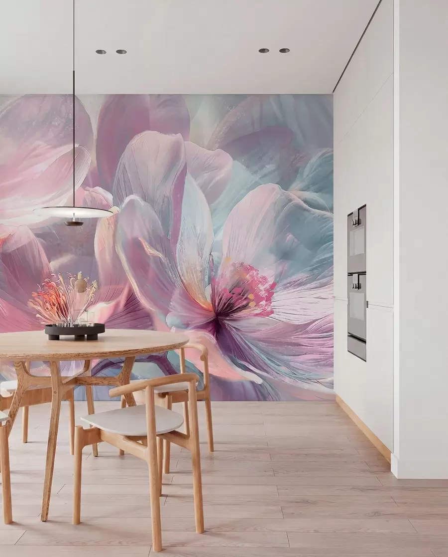 wall murals Деликатно прозирно пастелно неонско светло розе и бело цвеће са меком, замућеном позадином w01307