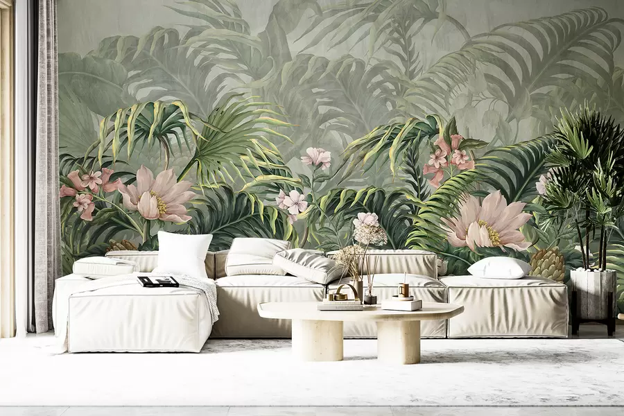 wall murals Бујна тропска џунгла зелено палмино лишће и папрати у првом плану са цвећем w01309