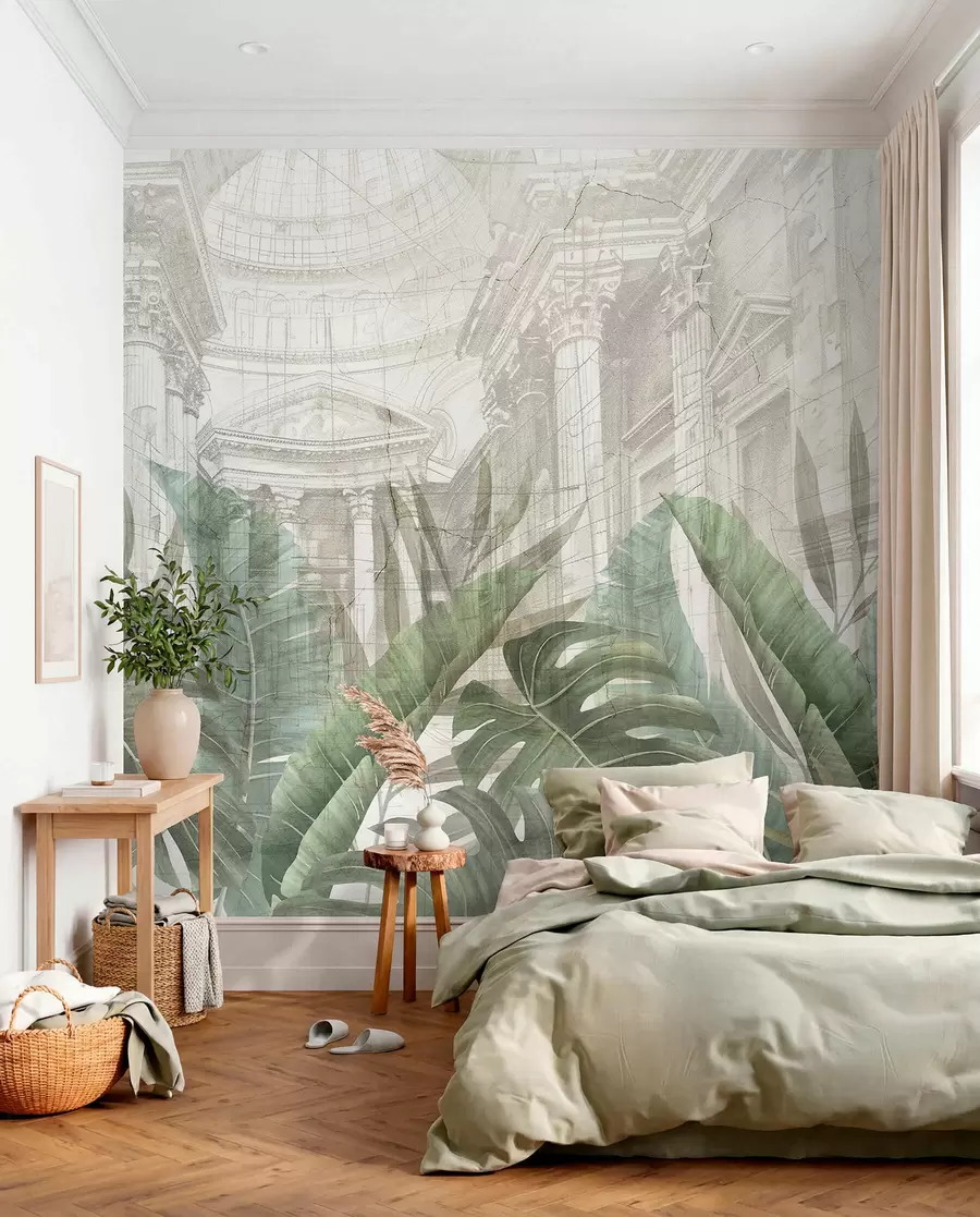 wall murals Величанствени цртеж китњастих архитектонских мермерних стубова и бујних тропских зелених биљака w01311