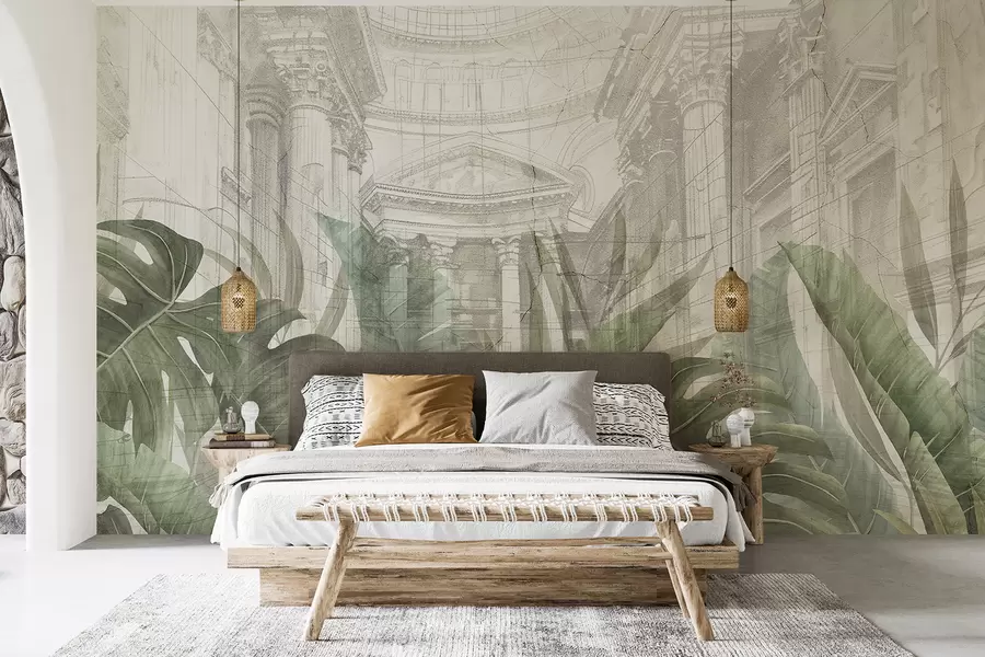 wall murals Величанствени цртеж китњастих архитектонских мермерних стубова и бујних тропских зелених биљака w01311
