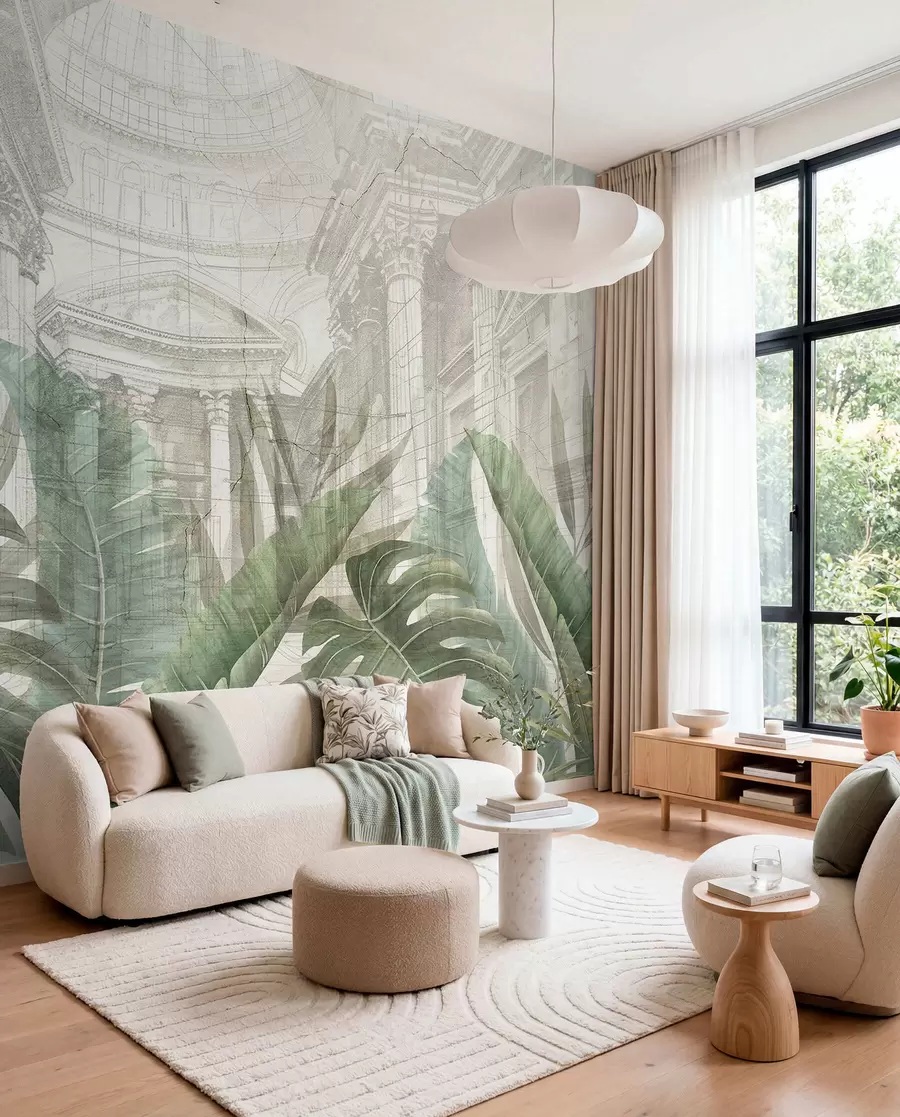 wall murals Величанствени цртеж китњастих архитектонских мермерних стубова и бујних тропских зелених биљака w01311