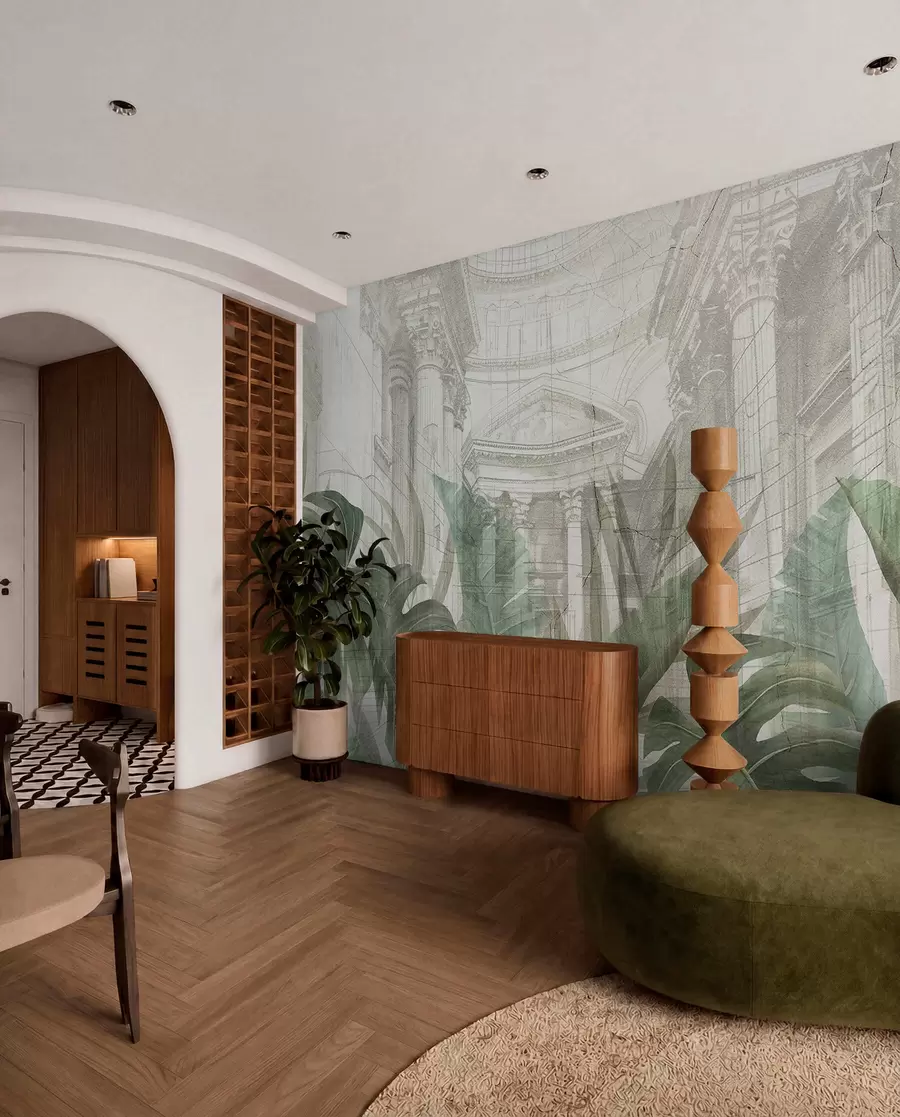 wall murals Величанствени цртеж китњастих архитектонских мермерних стубова и бујних тропских зелених биљака w01311