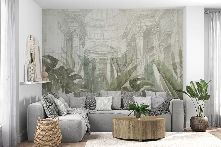 wall murals Величанствени цртеж китњастих архитектонских мермерних стубова и бујних тропских зелених биљака w01311