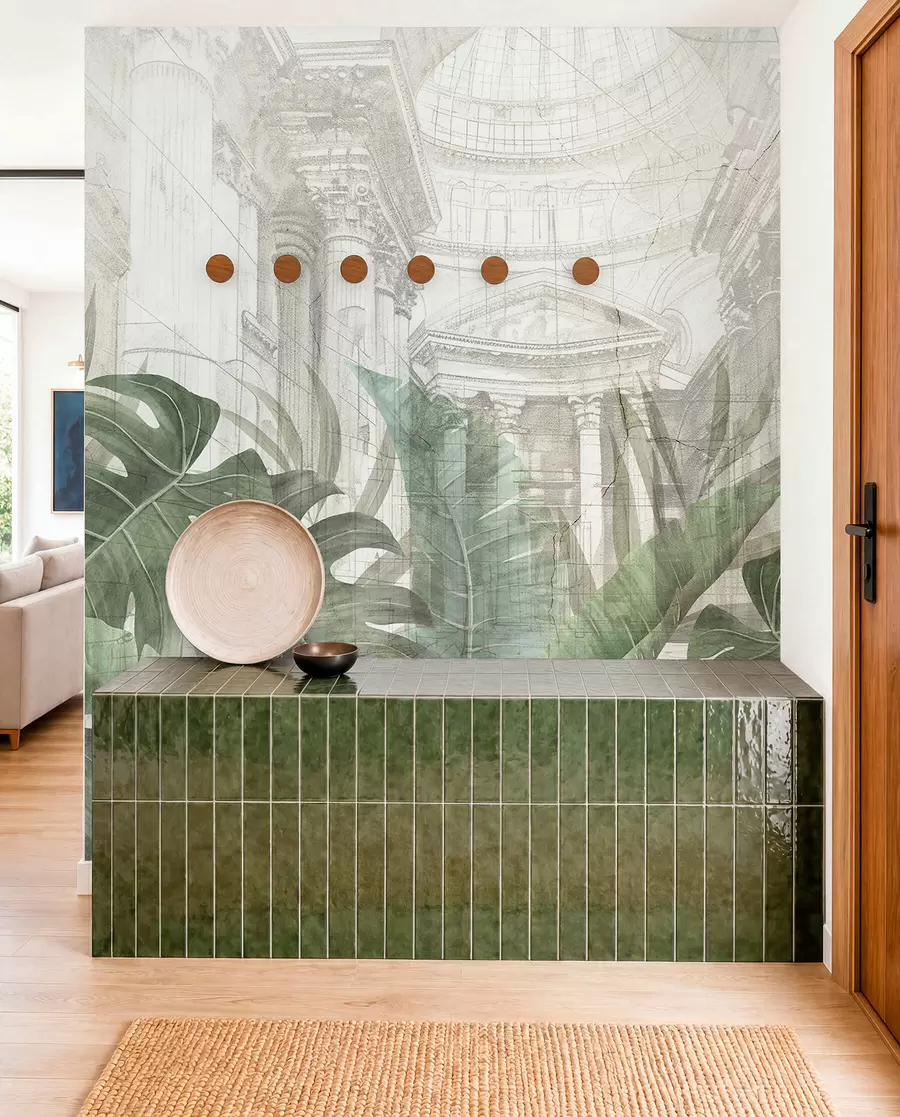 wall murals Величанствени цртеж китњастих архитектонских мермерних стубова и бујних тропских зелених биљака w01311