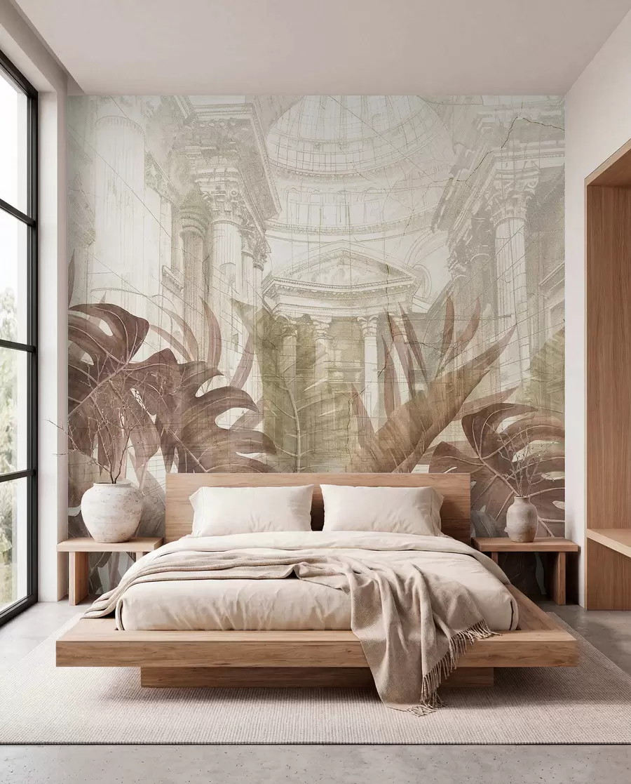 wall murals Величанствени цртеж китњастих архитектонских мермерних стубова и бујних тропских биљака сепије w01311v1