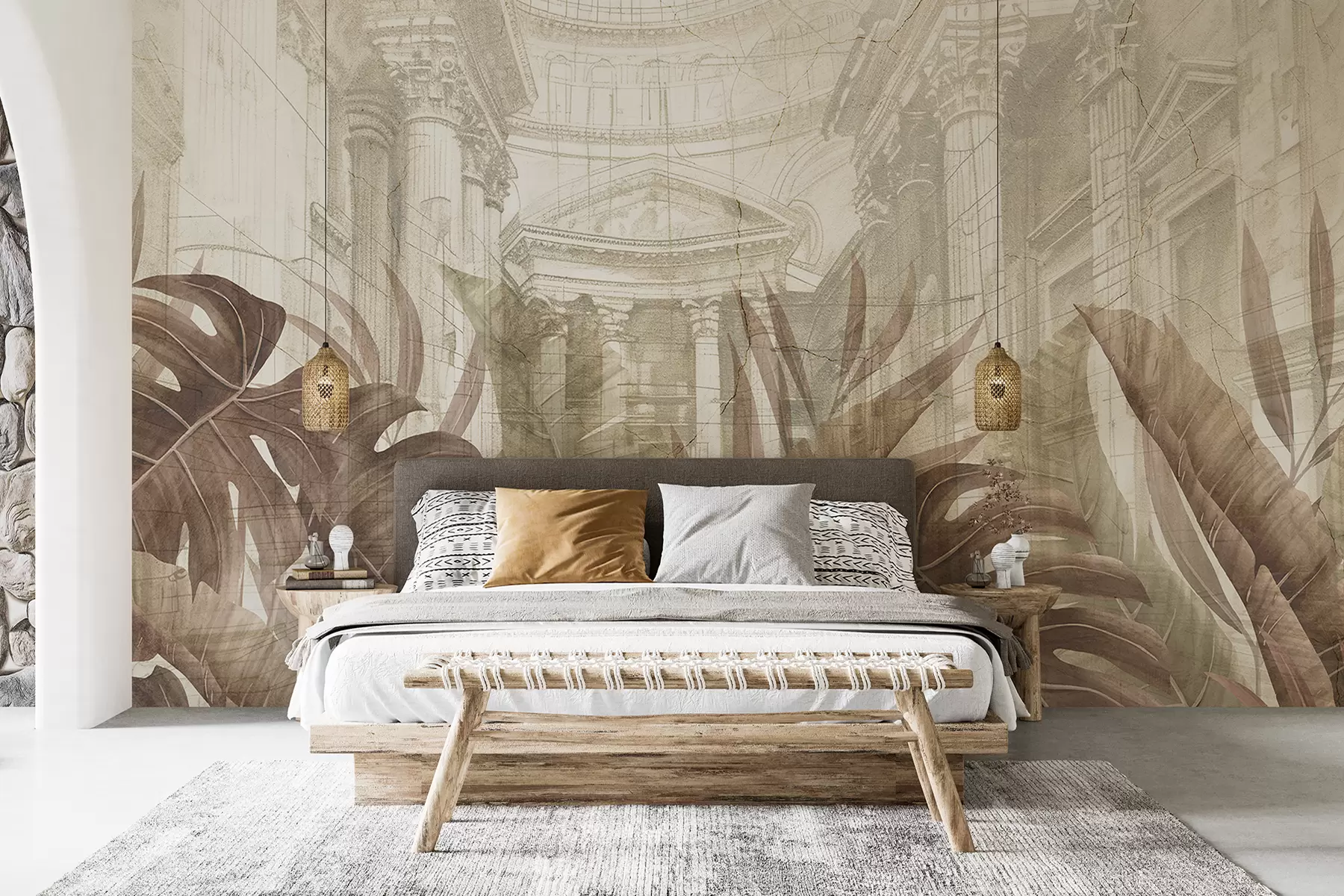 wall murals Величанствени цртеж китњастих архитектонских мермерних стубова и бујних тропских биљака сепије w01311v1