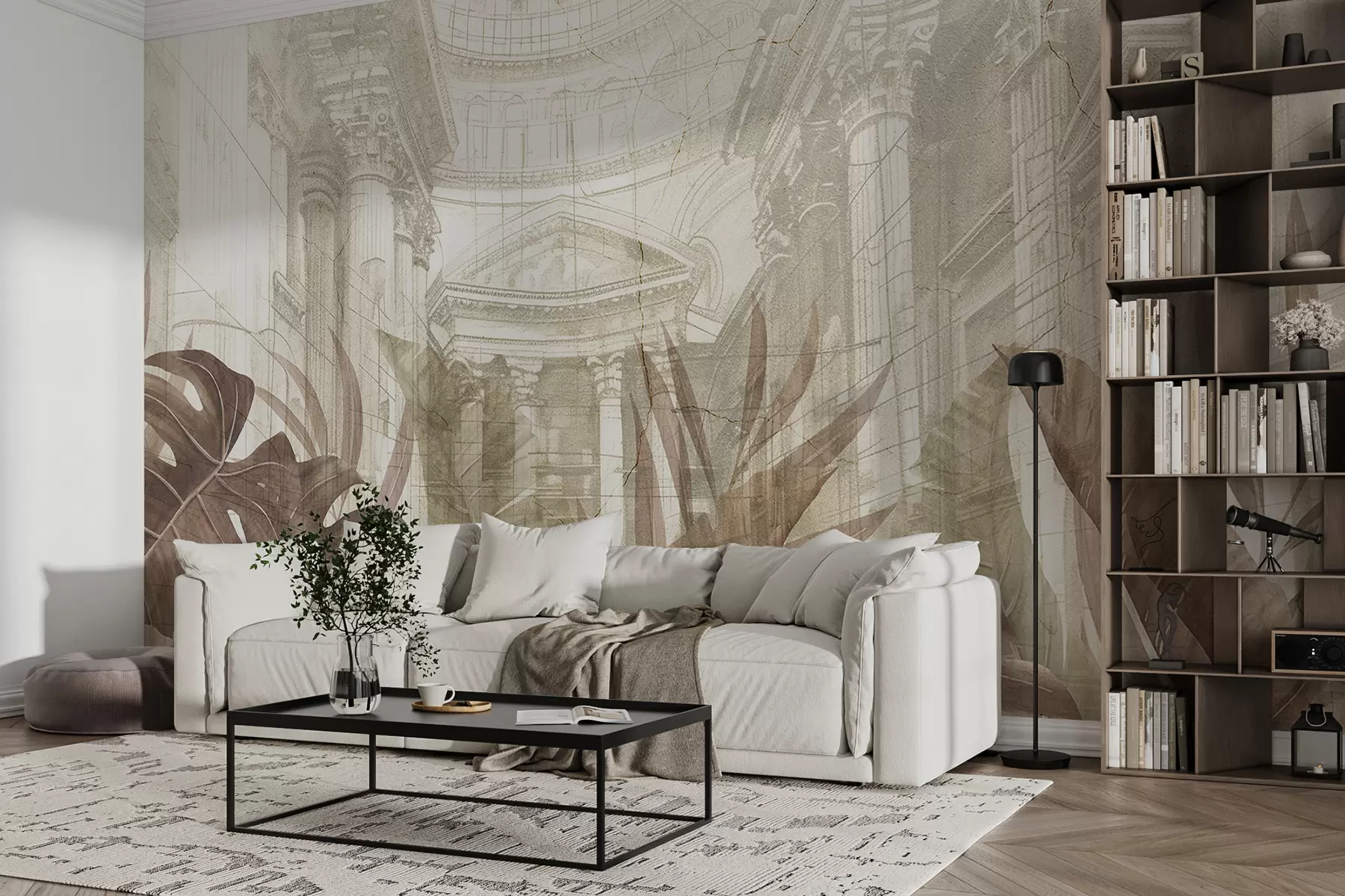wall murals Величанствени цртеж китњастих архитектонских мермерних стубова и бујних тропских биљака сепије w01311v1