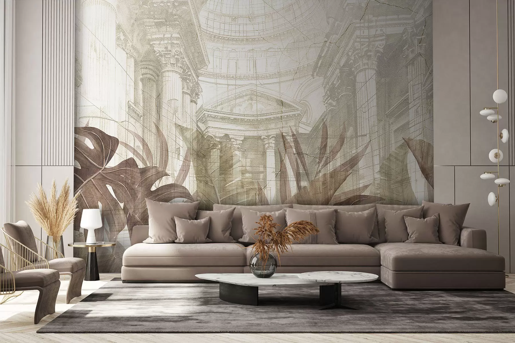 wall murals Величанствени цртеж китњастих архитектонских мермерних стубова и бујних тропских биљака сепије w01311v1