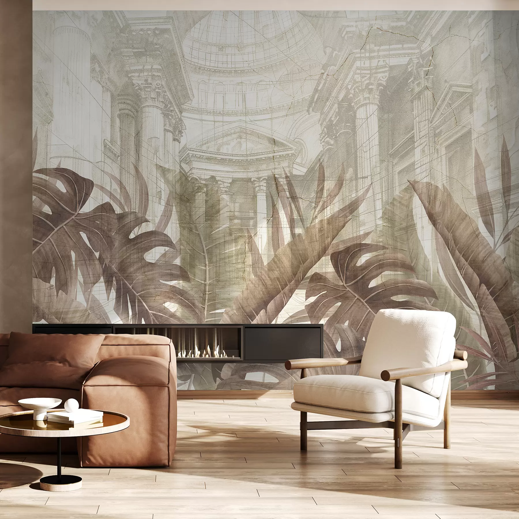 wall murals Величанствени цртеж китњастих архитектонских мермерних стубова и бујних тропских биљака сепије w01311v1