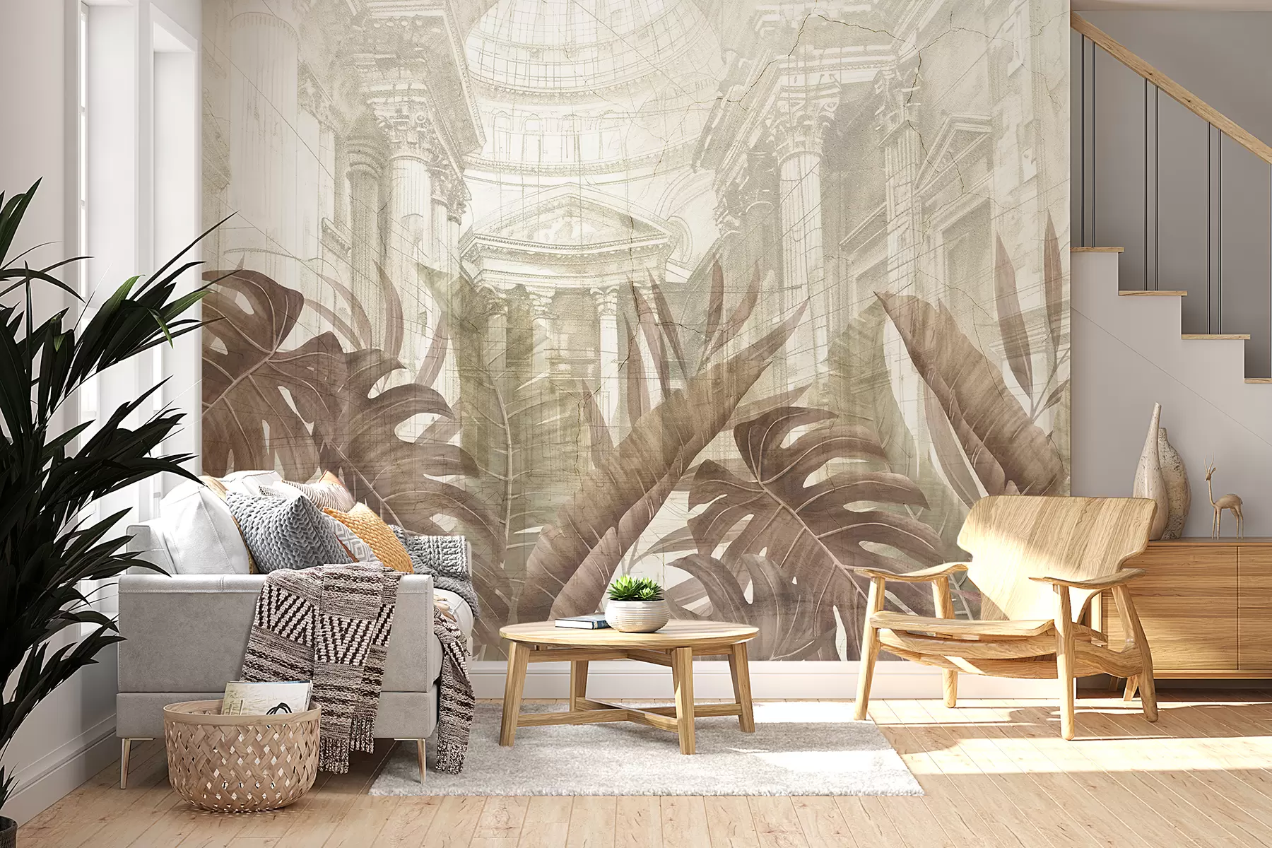 wall murals Величанствени цртеж китњастих архитектонских мермерних стубова и бујних тропских биљака сепије w01311v1
