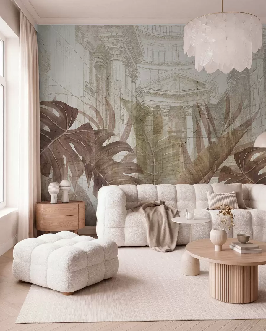 wall murals Величанствени цртеж китњастих архитектонских мермерних стубова и бујних тропских биљака сепије w01311v1