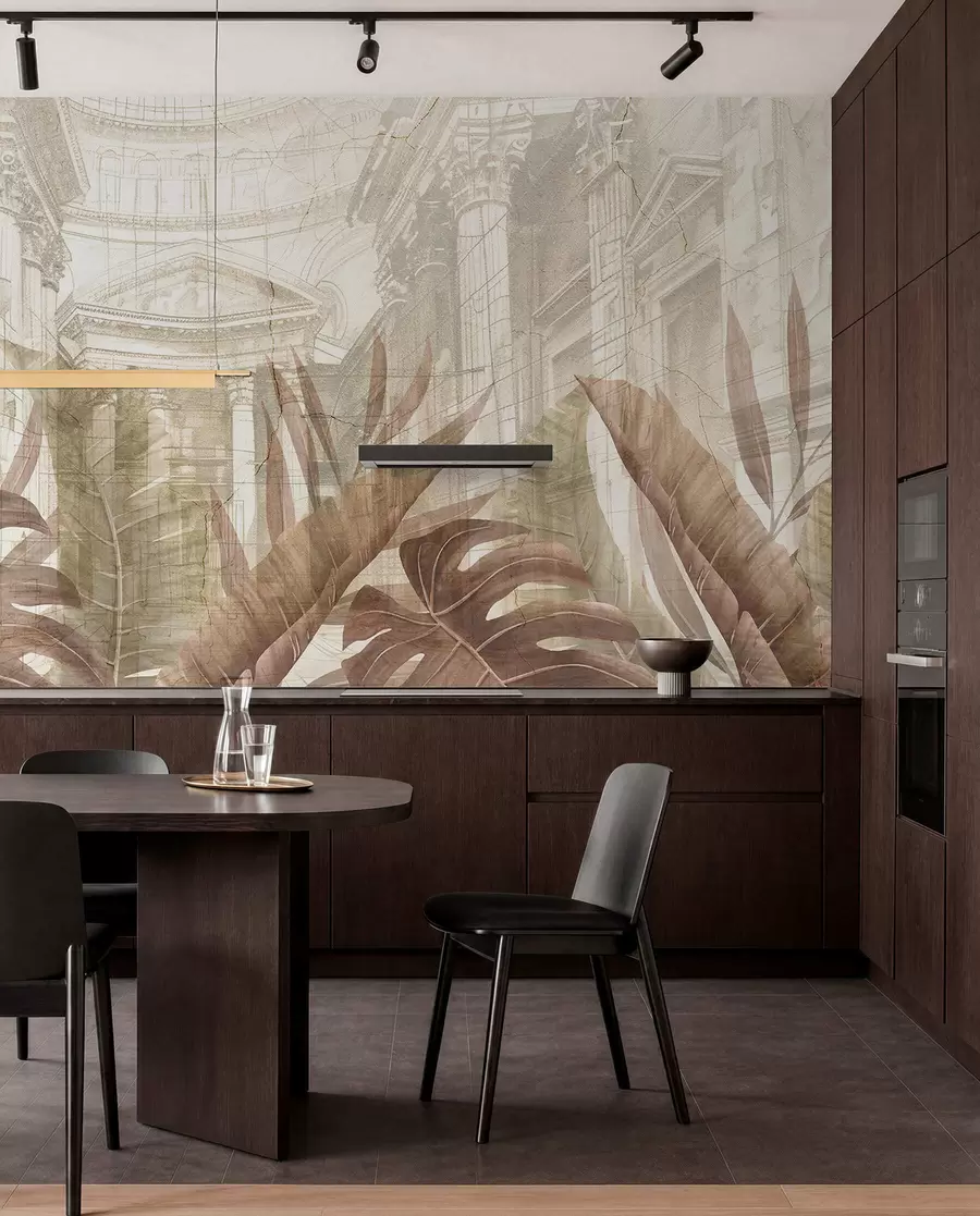 wall murals Величанствени цртеж китњастих архитектонских мермерних стубова и бујних тропских биљака сепије w01311v1