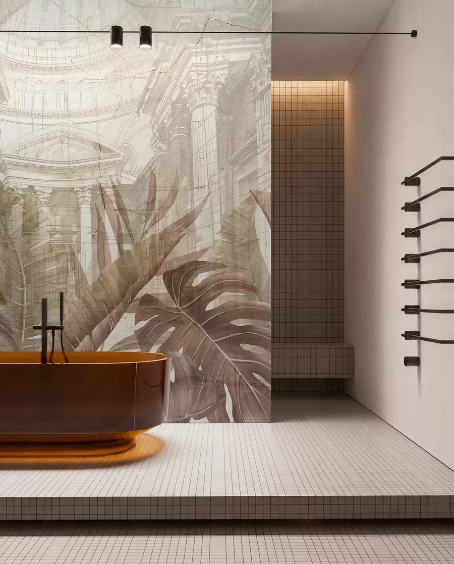 wall murals Величанствени цртеж китњастих архитектонских мермерних стубова и бујних тропских биљака сепије w01311v1