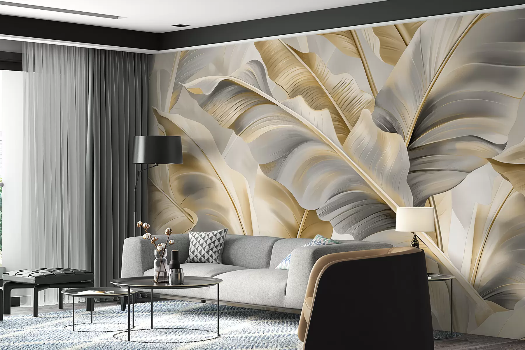 wall murals луксузни велики листови банане у сиво-беж тоновима w07876