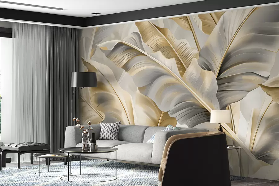 wall murals луксузни велики листови банане у сиво-беж тоновима w07876
