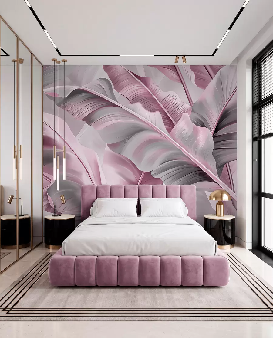 wall murals раскошни велики листови банане у ружичасто сивим тоновима w07876v2