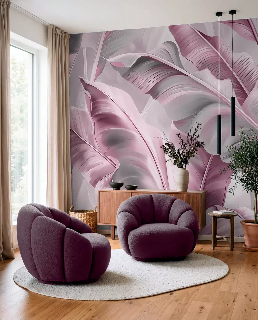 wall murals раскошни велики листови банане у ружичасто сивим тоновима w07876v2