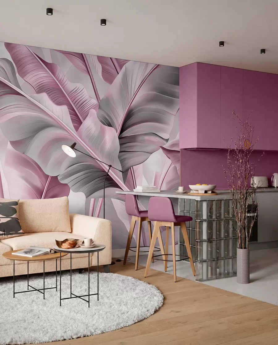 wall murals раскошни велики листови банане у ружичасто сивим тоновима w07876v2
