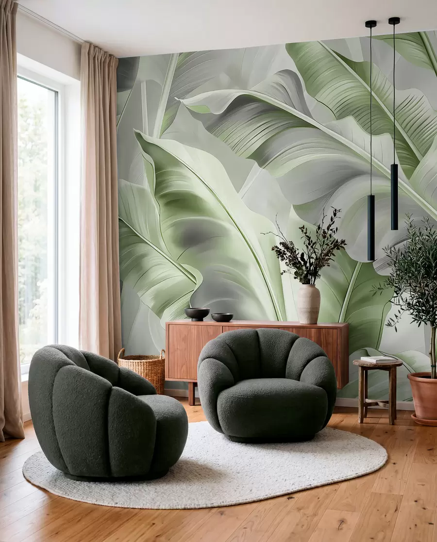 wall murals раскошни велики листови банане у сиво-зеленим тоновима w07876v3