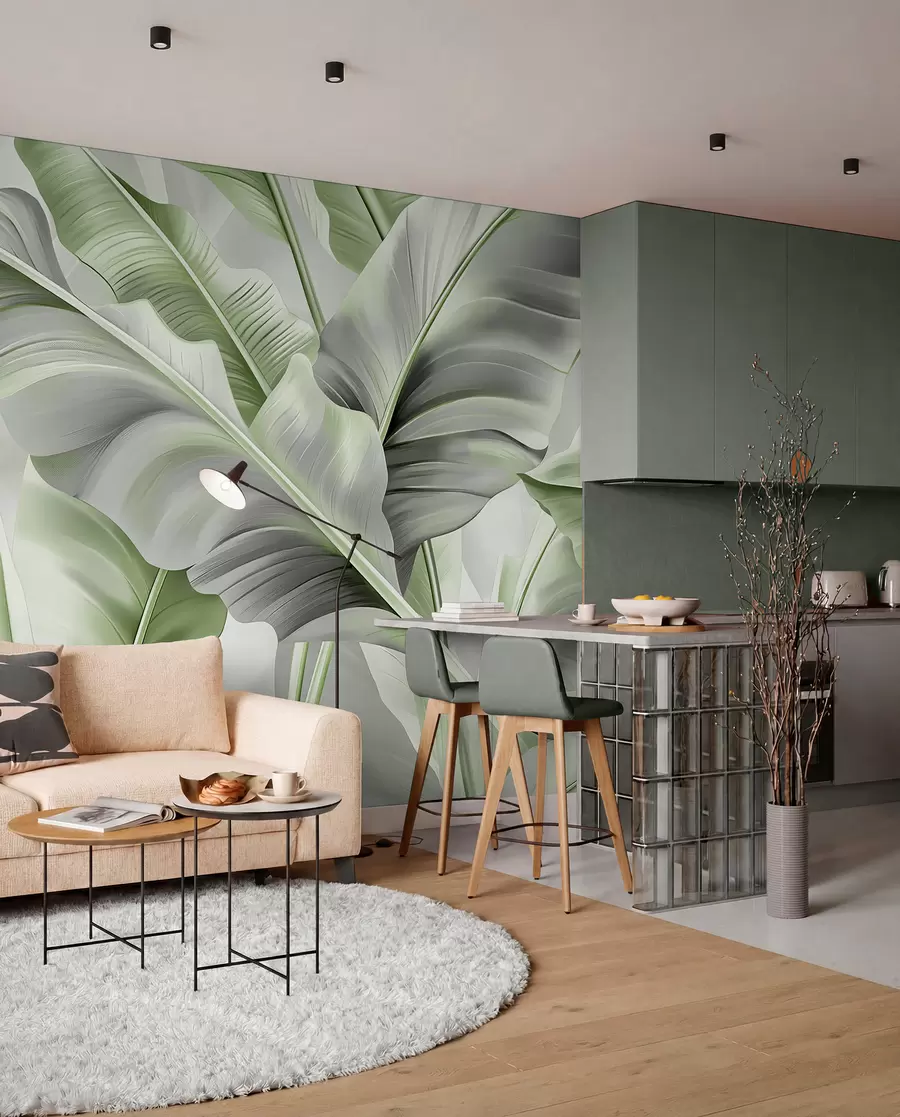 wall murals раскошни велики листови банане у сиво-зеленим тоновима w07876v3