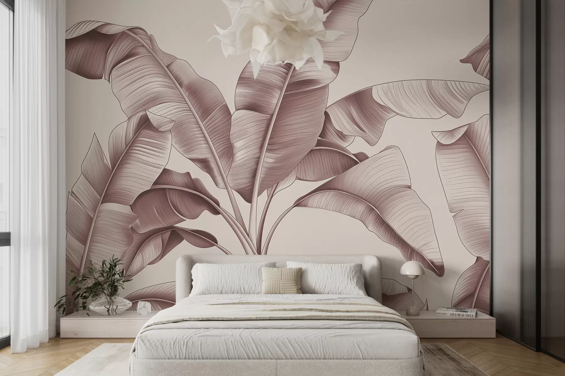 wall murals нацртани велики листови банане пастелно розе w07877v1