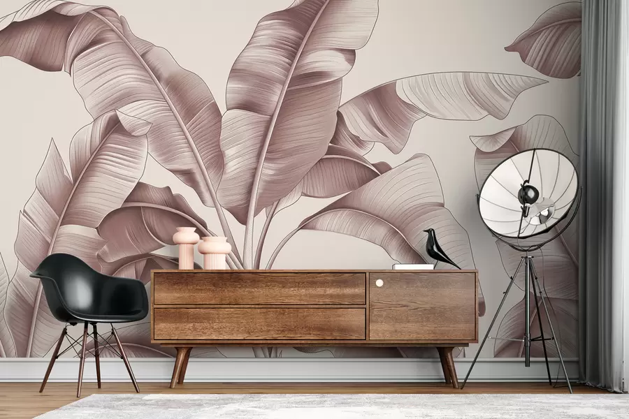 wall murals нацртани велики листови банане пастелно розе w07877v1