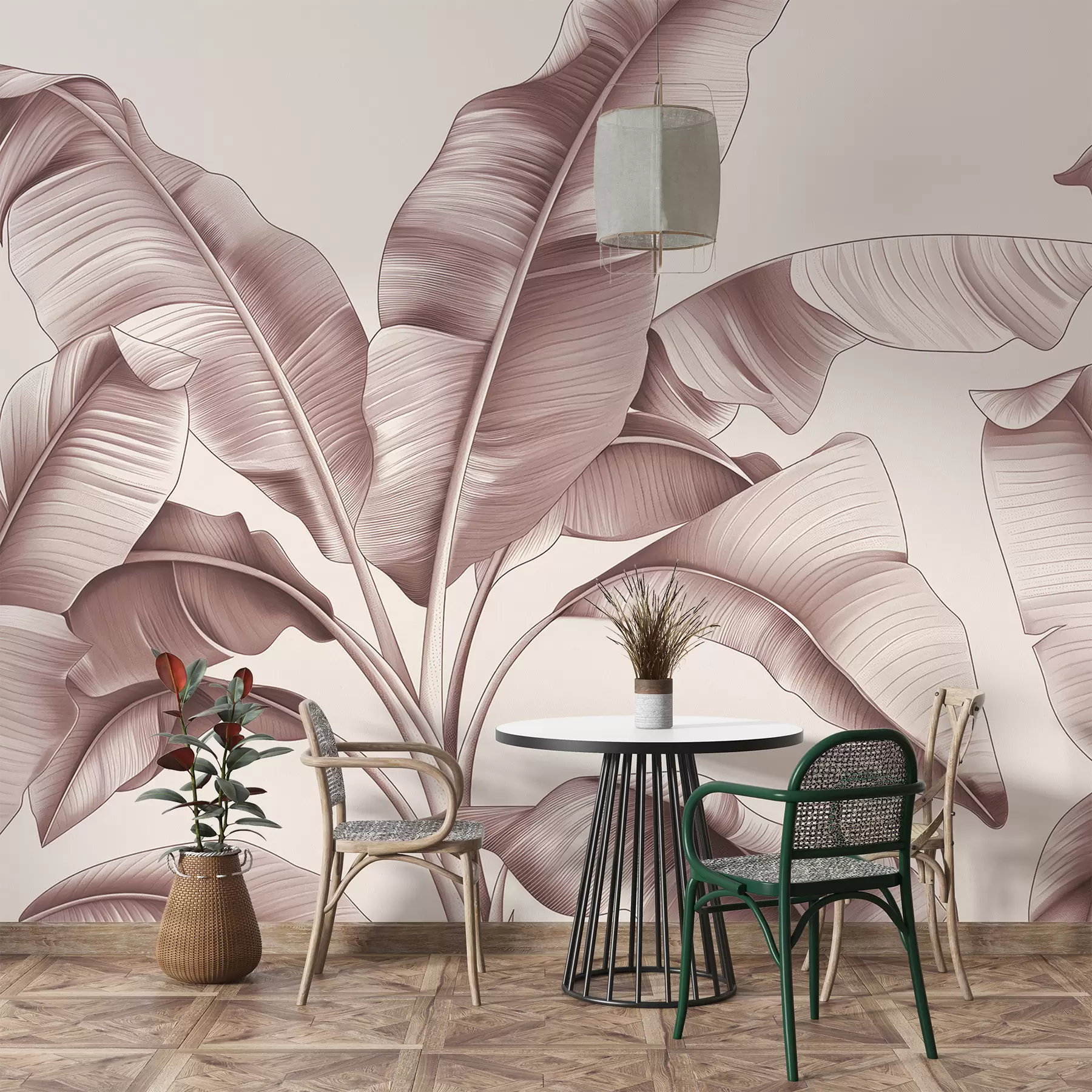 wall murals нацртани велики листови банане пастелно розе w07877v1