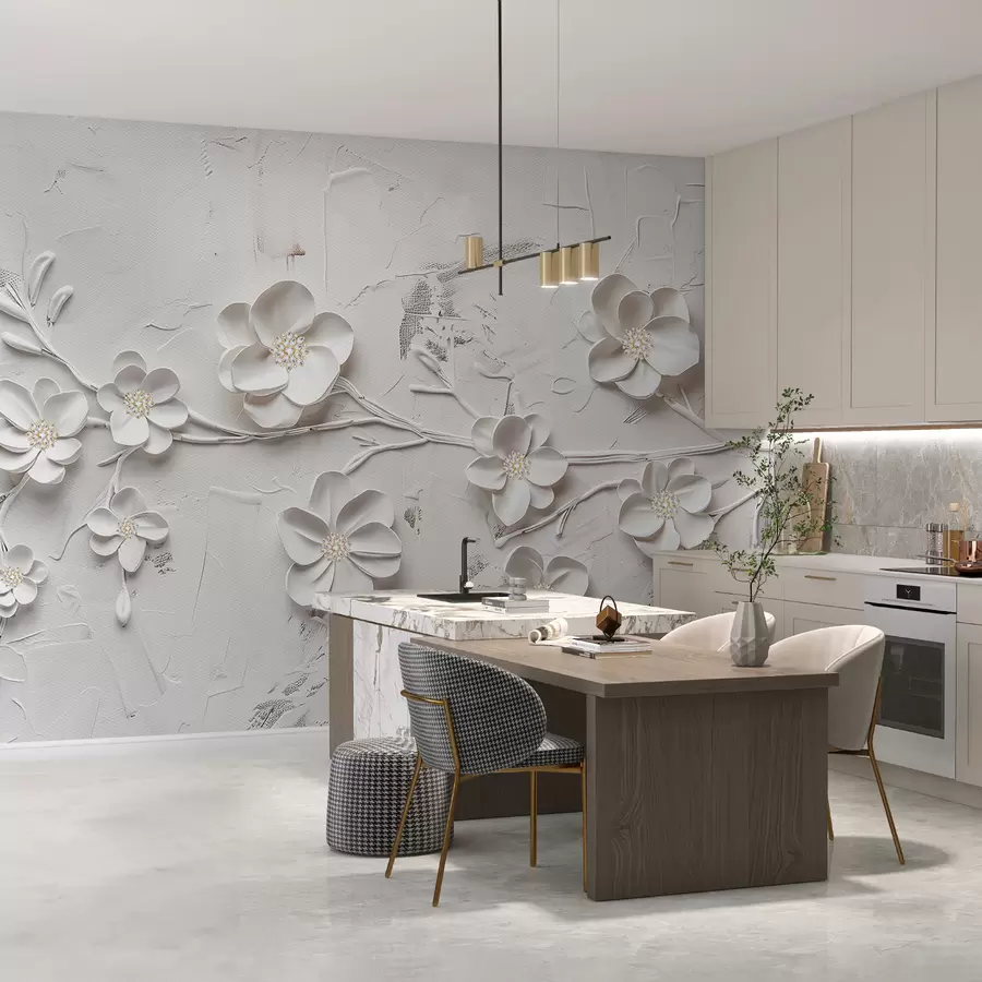 wall murals Бела текстурирана позадина са 3Д белим цветовима у пуном цвету, повезаним гранама, минималистички и елегантно w01226