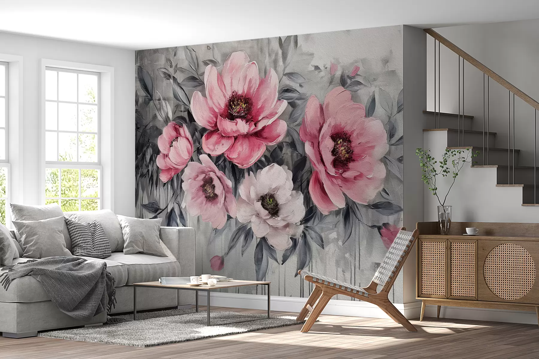 wall murals апстрактни цветни божури акварел нежно розе и сиве w07948