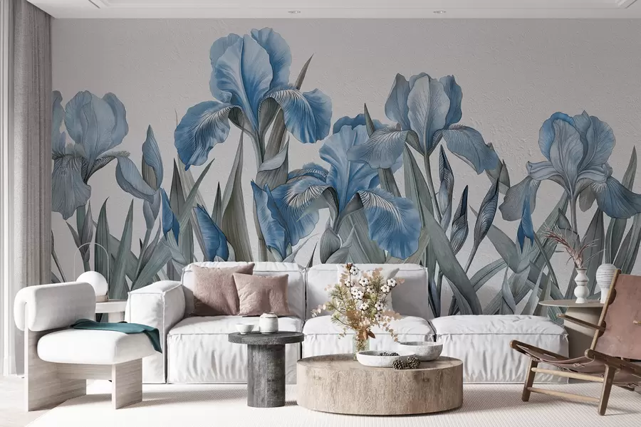 wall murals Велике обојене плаве шаренице на белом бетонском зиду w07949v4